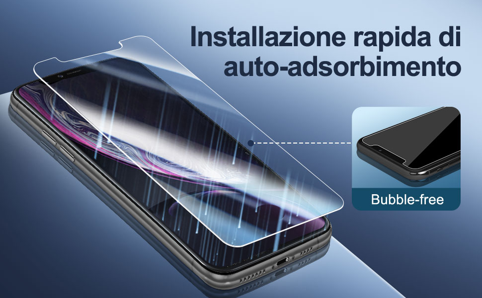Processo di installazione della pellicola protettiva per smartphone, che mostra un metodo di applicazione «senza bolle». Il testo in italiano descrive una rapida