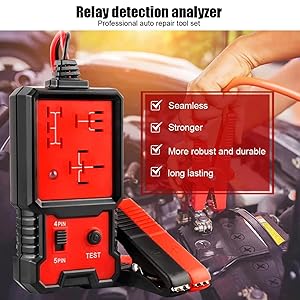 Red and black handheld relay detection analyzer device for automotive repair. Features display screen, test probes, and listed benefits including seamless, stronger, and durable operation.