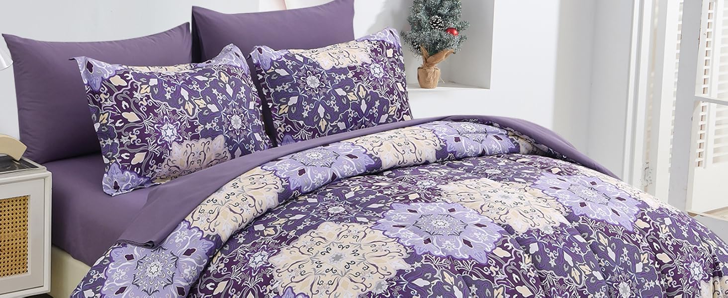 Luxudecor Purple Comforter Set Queen Size 7 Pieces Bed in a