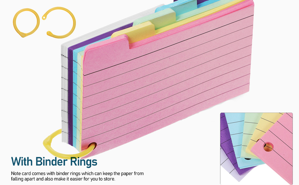 Tofficu 450Pcs Tabbed Index Cards with Ring, 5X3 inch Colour Flash Cards with 8