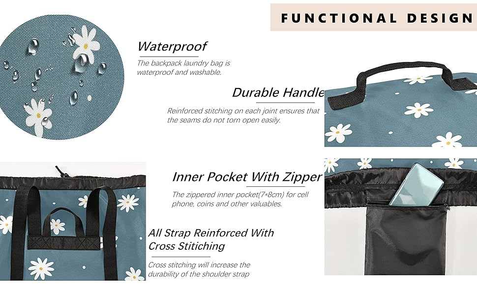 Flower Cute Laundry Bag Backpack with Shoulder Straps Daisy Dirty Clothes Organizer