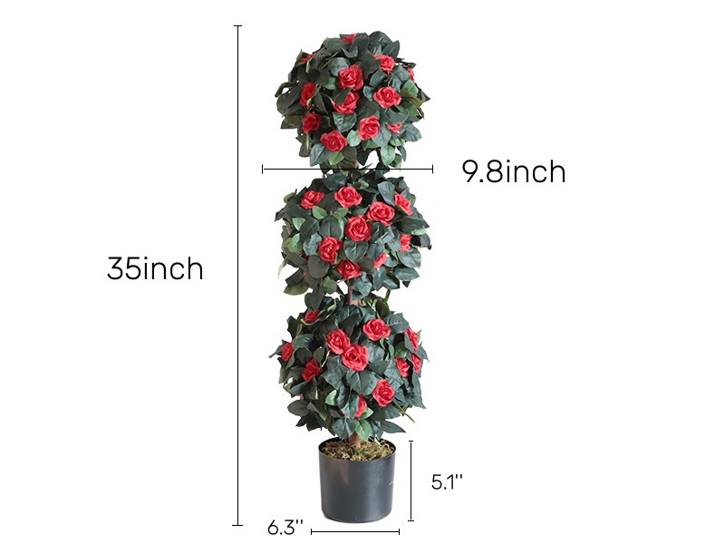 momoplant 35'' Artificial Red Roses Flower Topiary Triple Ball Tree Fake Boxwood