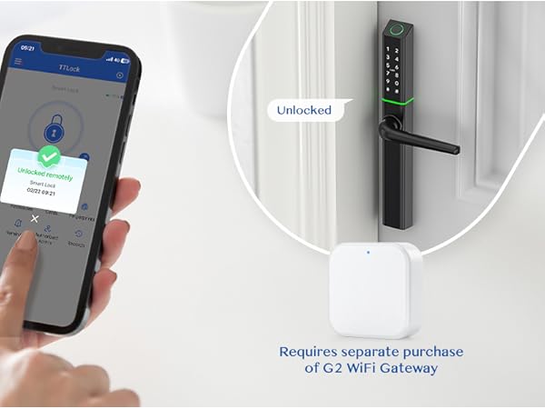 Smart lock system with mobile app control, showing a hand holding a smartphone and a digital lock on a door.