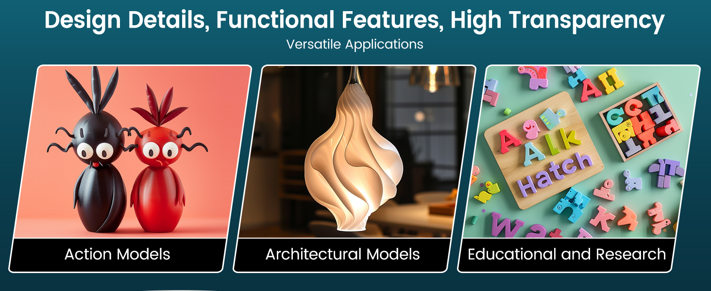 Trois panneaux d'information présentant des applications de modélisation : figurines articulées, structures architecturales et matériel pédagogique avec des éléments colorés.