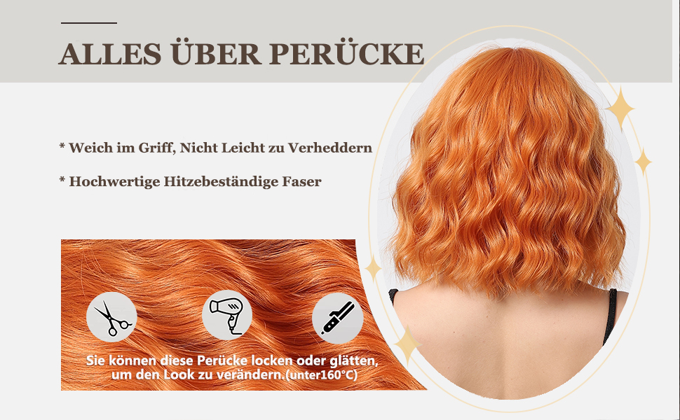 Esmee Kurze Welle Ingwer Orange Bob Perücken mit Fransen