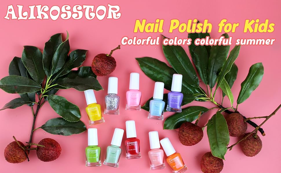 ALIKOSSTOR Kids Nail Polish 10 Rainbow Colors NonToxic Nail Polish Set for Girls, Peel Off