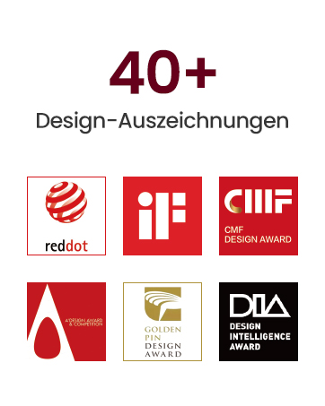 „40+ Design Awards” feliratú grafika olyan díjak logóival, mint a Red Dot, iF, CMF, Artega és Golden Pin