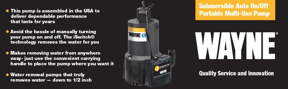 Submersible auto on/off portable multi-use pump features