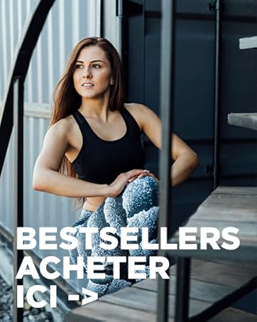 Le texte se lit comme suit : « MEILLEURES VENTES », « ACHETER », « ICI -> ». Bannière promotionnelle de vêtements de sport montrant des scènes d'entraînement dans un gymnase avec éclairage bleu.