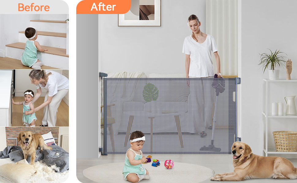 COMOMY Retractable Baby Gate for Stairs, 071" Mesh Dog