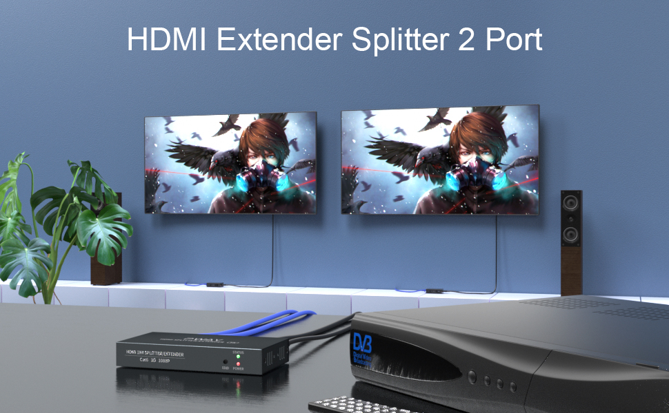 HDMI Extender Splitter 1080p 3D 1x2 2 Port164Ft/50m Over CAT5e/CAT6