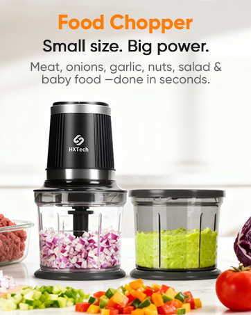 HXTech food chopper image showing chopped vegetables and product tagline “Small size. Big power.”