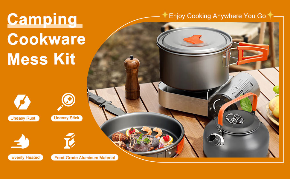 Camping Cookware Mess Kit, 11Pcs Portable Outdoor Pots Pans Camping