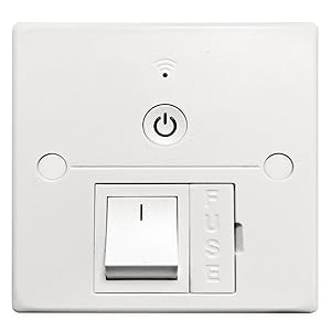 White square wall-mounted electrical switch panel with power button symbol and toggle switch, featuring a minimalist design.
