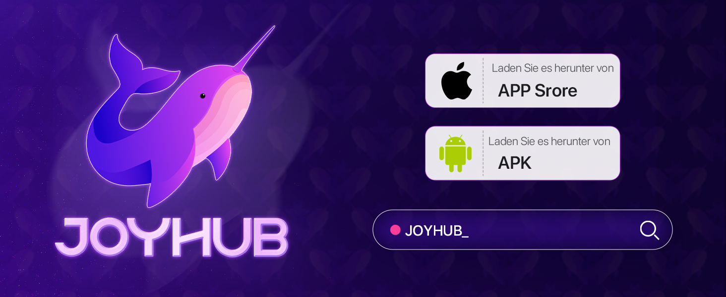 Der Text lautet „JOYHUB“ und „APK“. Screenshots der App-Oberfläche mit violettem Thema, die Navigationselemente und das Branding zeigen.