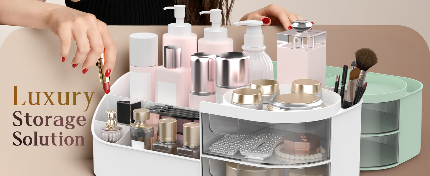 Text reads 'Luxury', 'Storage', 'Solution'. Acrylic makeup organizer with multiple compartments displaying various cosmetic products and beauty tools.