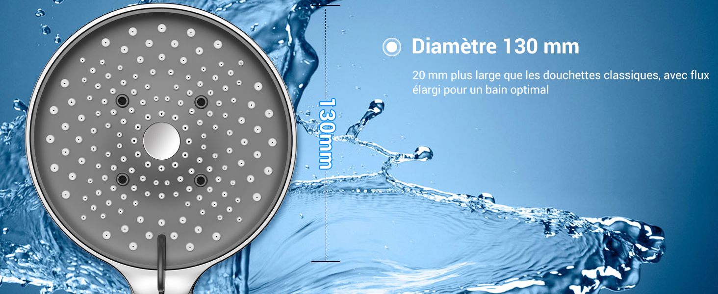avec plusieurs petits trous, diamètre 130 mm. Montré sur fond bleu avec des éclaboussures d'eau, suggérant un design économe en eau