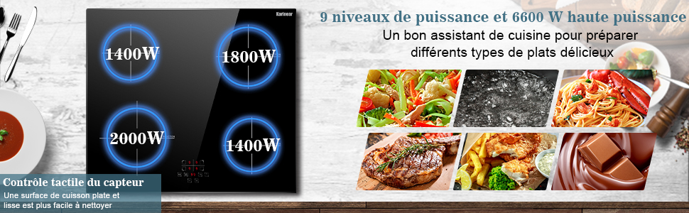 Plaque à Induction, Karinear Plaque Induction 4 Foyer, Plaque De Cuisson Induction Encastrable, Table De Cuisson Electrique Avec Commande Tactile, Minuteur, Verrouillage D'enfant, 6600W 11 1
