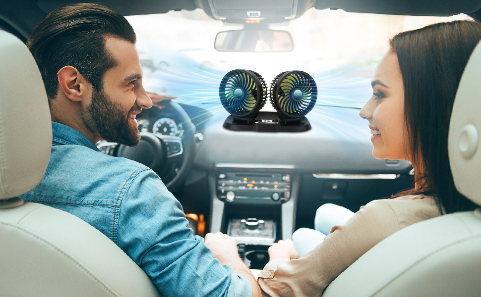 12V Electric Car Fan Car Cooling Fan 360 ° Rotatable Dual Head Automobile Fans 2 Speed