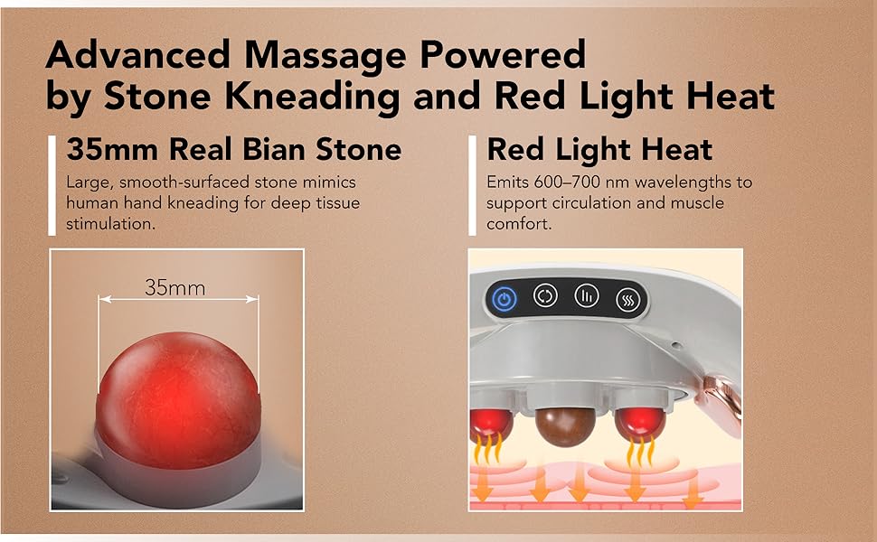 Dual massage device with heated Bian stone kneading and red light therapy features