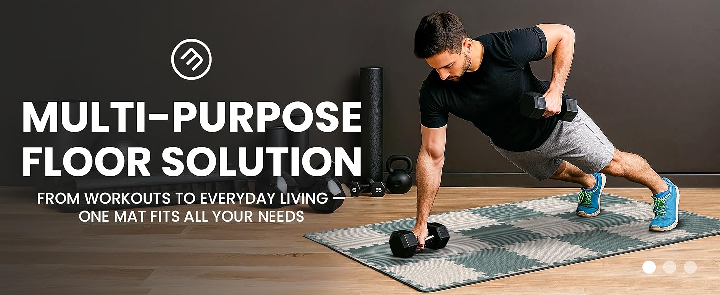 Man training on EVA mats with dumbbells – multi-purpose protective floor solution.