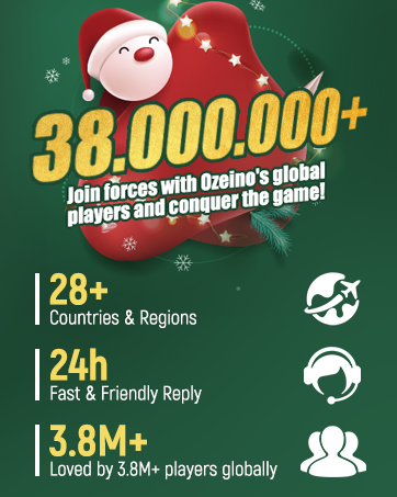 Text reads '38,000,000+ Countries & Regions', '24/7 Support & Training Ready', '3.8M+ Loved by 3.8M+ players globally'. Infographic with Santa-themed icon and globe graphics on dark green background.