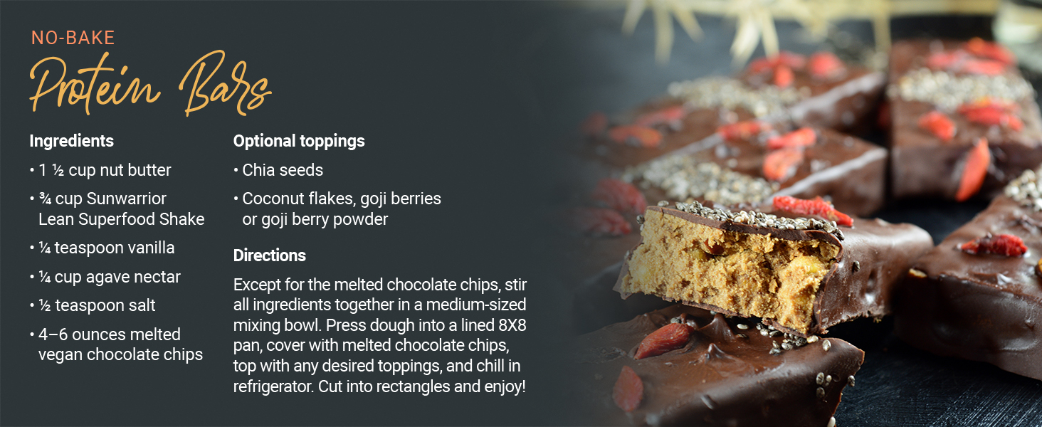 Chocolate covered protein bars featuring Sunwarrior Lean Superfood Shake topped with goji berries