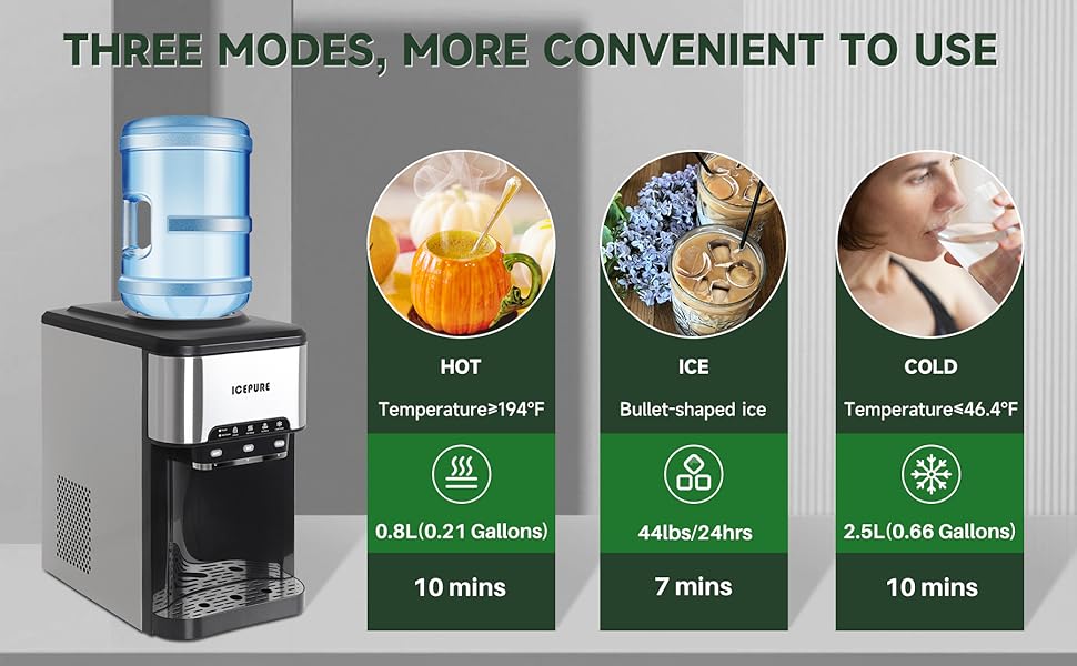 ICEPURE Countertop Water Cooler Dispenser with Ice Maker, 3