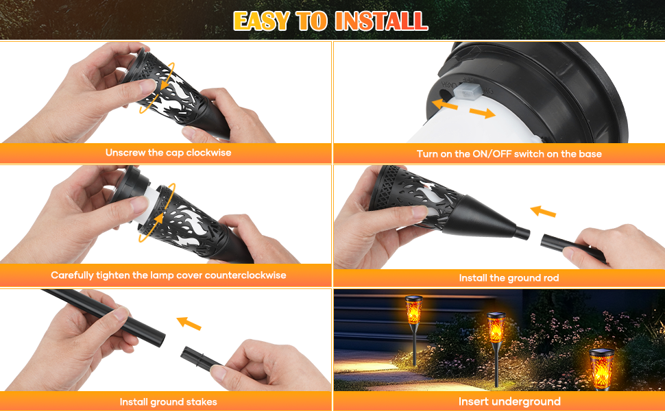Installation guide for outdoor solar lights. Steps show assembling parts, tightening components, and inserting ground stakes. Final image displays illuminated lights in a garden setting at night.