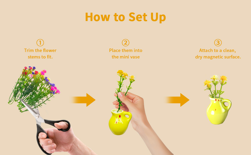 How to set up mini vase magnets—trim stems, place in the vase, attach to a clean magnetic surface