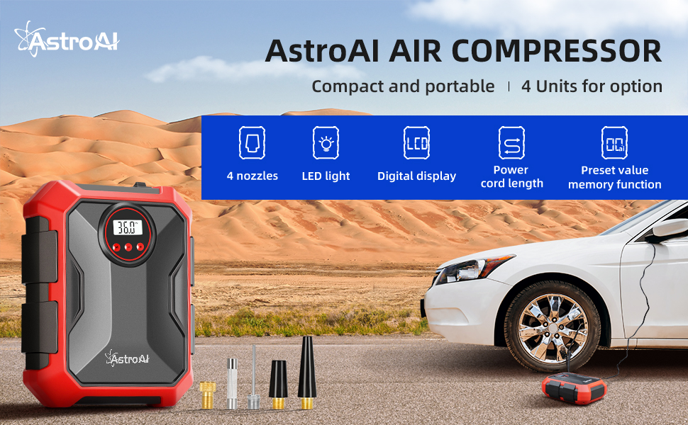 AstroAI 100PSI Tire Air Compressor Tire Inflator 12V DC Red Color