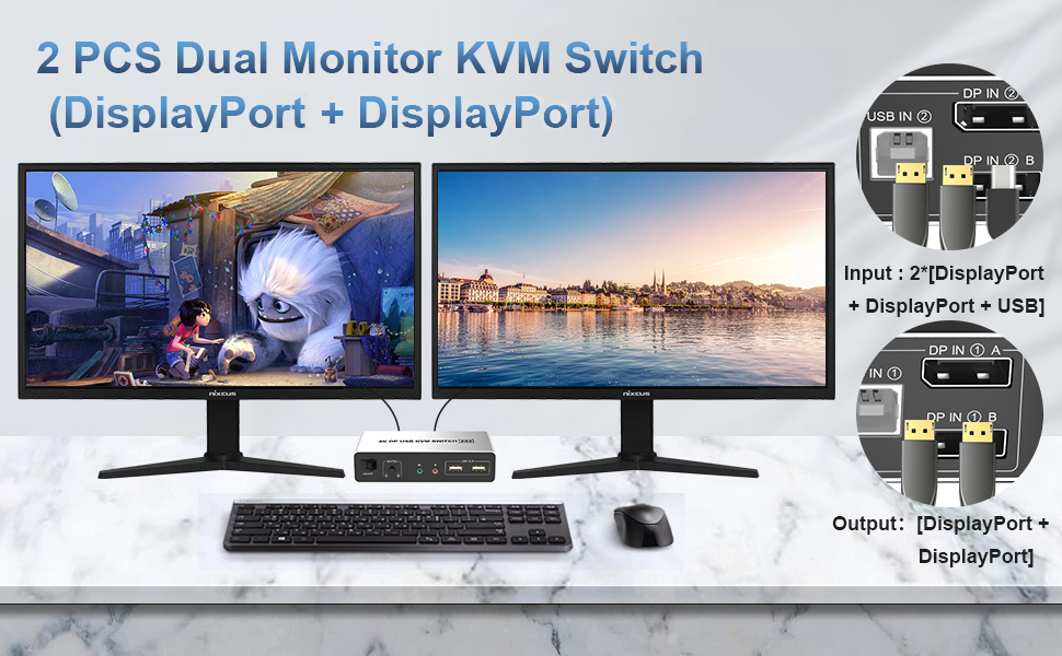 DisplayPort KVM Switch Dual Monitors für 2 Computer, 4K60Hz Extended