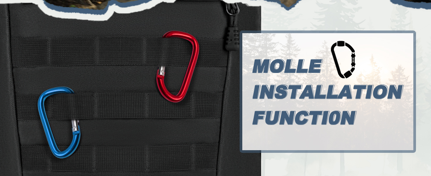 Black textured surface with red and blue carabiners attached, featuring text about MOLLE installation function.