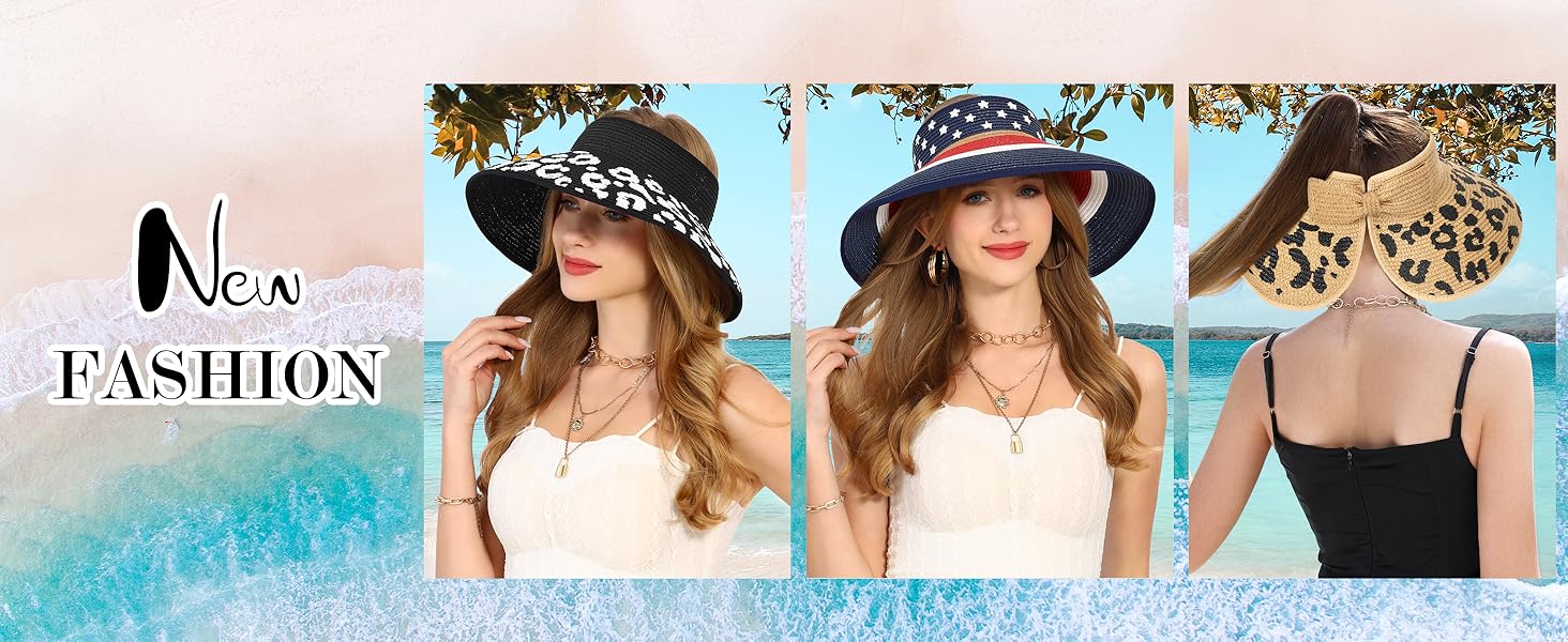 womens beach straw sun hats ponytail hole wide brim summer visor foldable hat uv Protection 