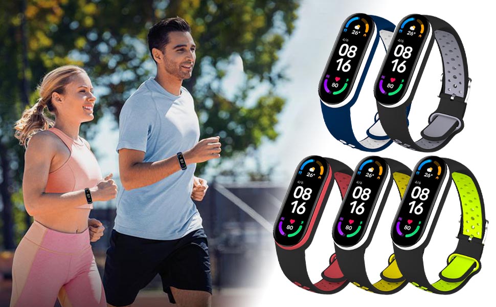 avec des bandes colorées affichés à côté d'une image d'un couple faisant du jogging en plein air. Les appareils affichent les données relatives à l'heure et à la condition physique.