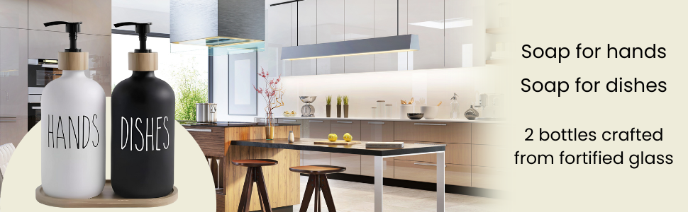 kitchen soap dispenser set hand and dish wooden base black glass refillable bottles