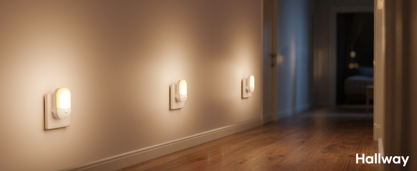 Text reads 'Hallway'. Interior corridor with warm-toned wall sconces creating ambient lighting along the walls.