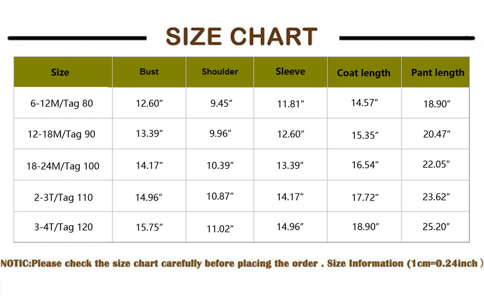 Size Chart for Jacket and Pant