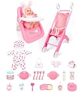 PLAYFULBAY Baby Doll Stroller Set, 28-Piece Playset with High Chair, 2 Doll Outfits & Accessories...