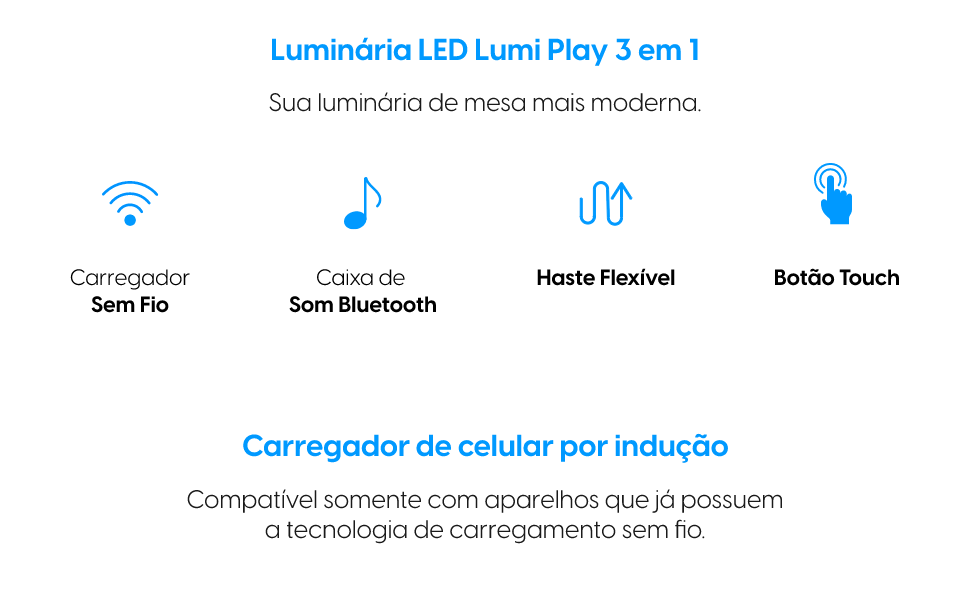 Carregador sem fio, caixa de som bluetooth, botão touch