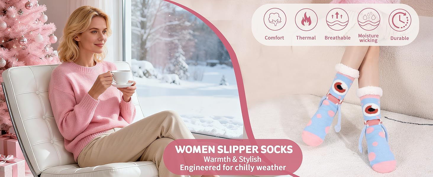 Text reads 'WARM FLUFFY SOCKS' with icons showing features. Marketing collage showing pink socks with various comfort and feature indicators.