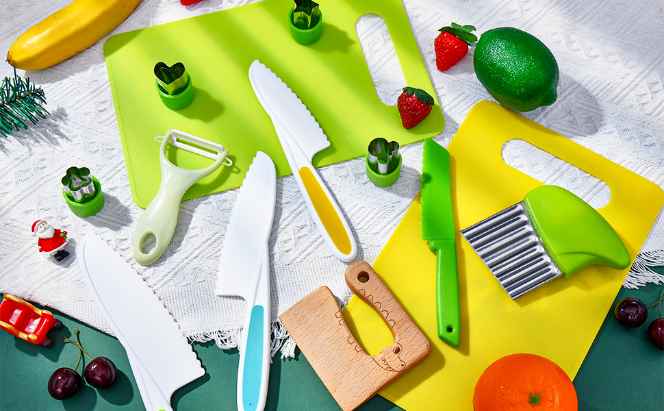 13 Pieces Kids Kitchen Knife Set,Wooden Safety Knives for Real Cooking