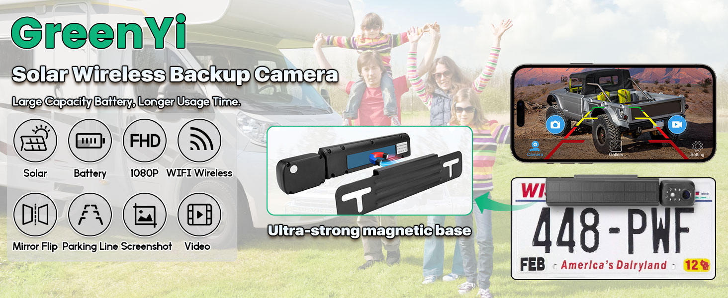 WiFi Wireless Solar Backup Camera, GreenYi HD 1080P Rear