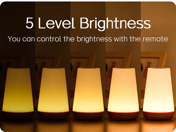 Five table lamps demonstrating brightness levels. Conical shades progress from warm yellow to cool white. Text indicates remote control feature for adjusting brightness.