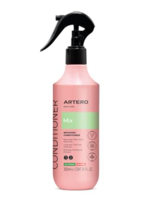 del acondicionador Artero Mix. Cuenta con una boquilla negra, detalles del producto en la etiqueta. Para el cuidado de mascotas, se indica el tamaño de 500 ml