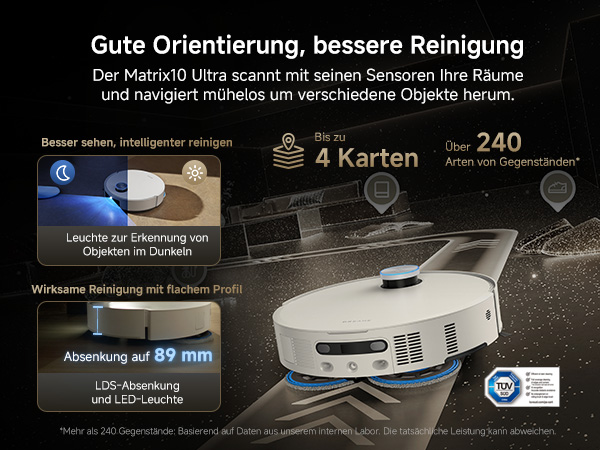 Der Text lautet „Gute Orientierung, bessere Reinigung“ und „4 Karten“, „240“. Marketingbild für einen Saugroboter mit Navigations- und Kartenfunktionen sowie blauer Grafik auf der Benutzeroberfläche.