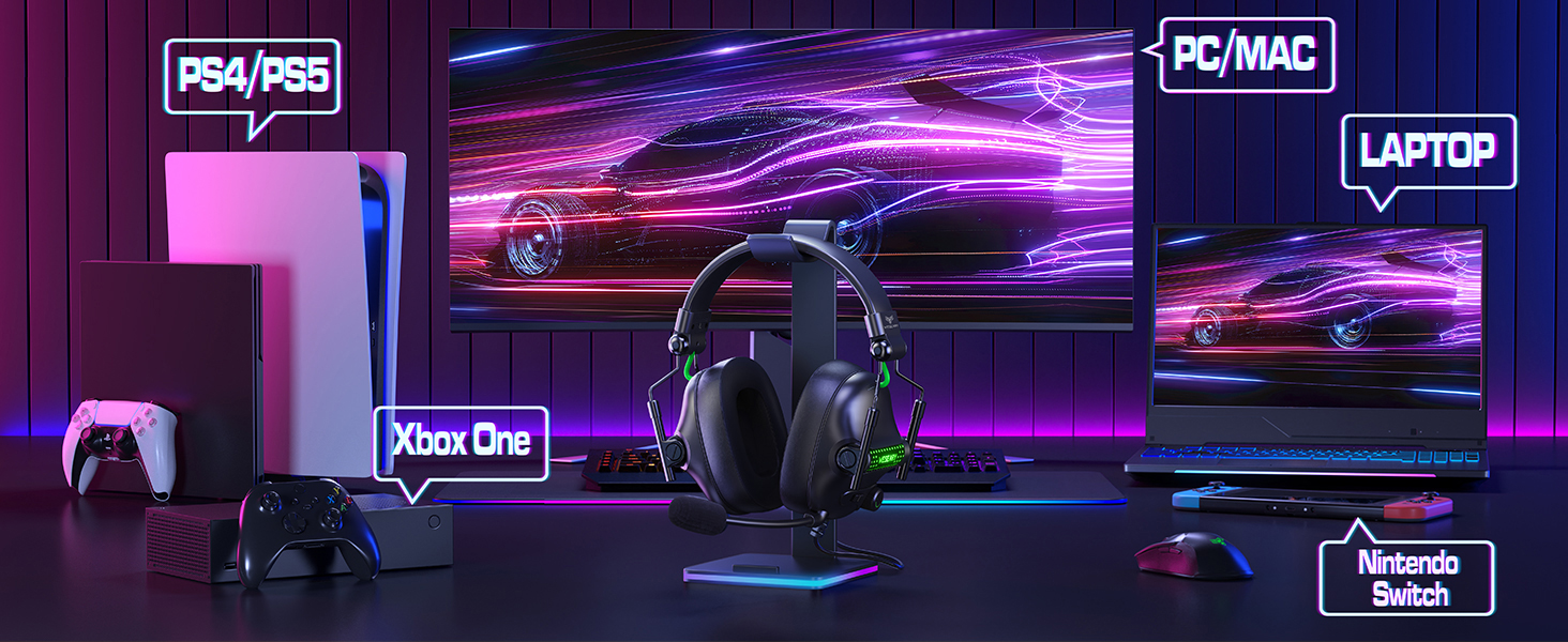 Gaming setup featuring a PS5 console, gaming headset, and laptop. Purple neon lighting and text indicating compatibility with PS4, PS5, PC, Mac, and laptop.
