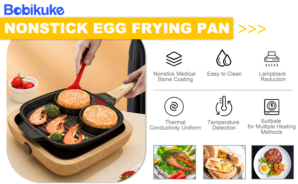 Egg Frying Pan, Nonstick Pancake Pan with Lid 3 Section Fried Egg Pan Aluminium Alloy Cooker for