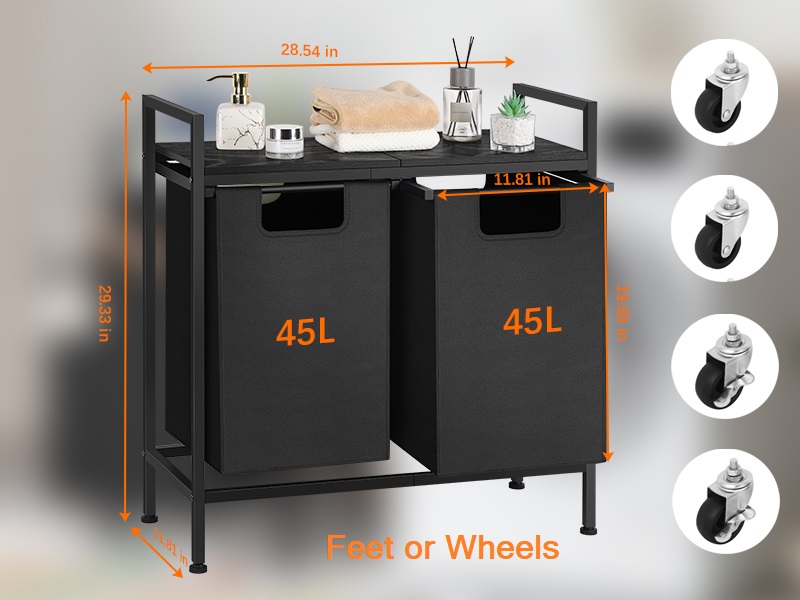Laundry Hamper 2 Section with Shelf and Wheels Double Laundry Basket Organizer, Matte Black