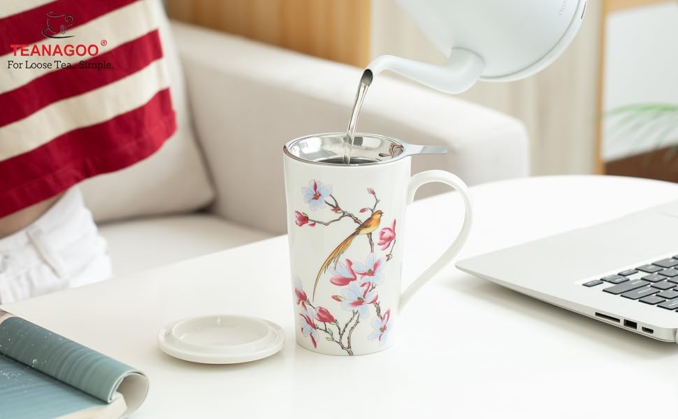 TEANAGOO Ceramic tea mug with infuser, Golden Bird